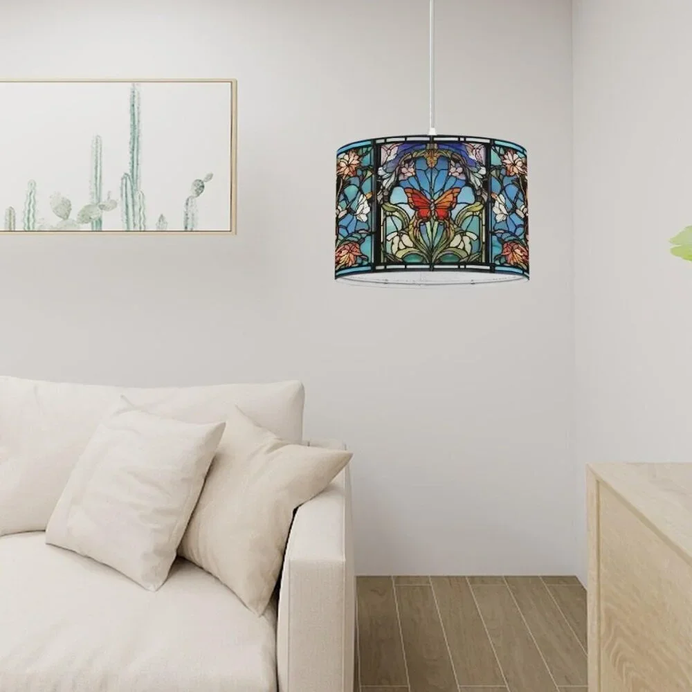 Butterfly Stained Glass Lamp, Art Nouveau Lighting Hanging Drum Lamp Light